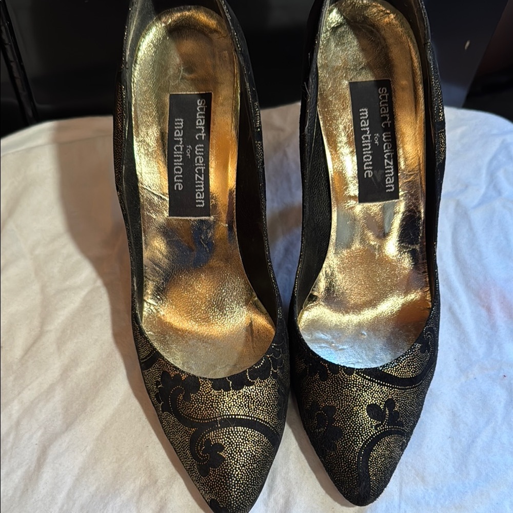 Stuart Weitzman Black and Gold Heels with Pointed Toe